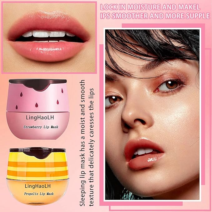 2PCS Bee Lip Balm,Hydrating Honey Pot Lip Balm with Stick,Non-Greasy Silky Sleeping Lip Mask Set,Long Lasting Lip Scrubs Moisturizer for Dry Cracked Lips(Honey +Strawberry)