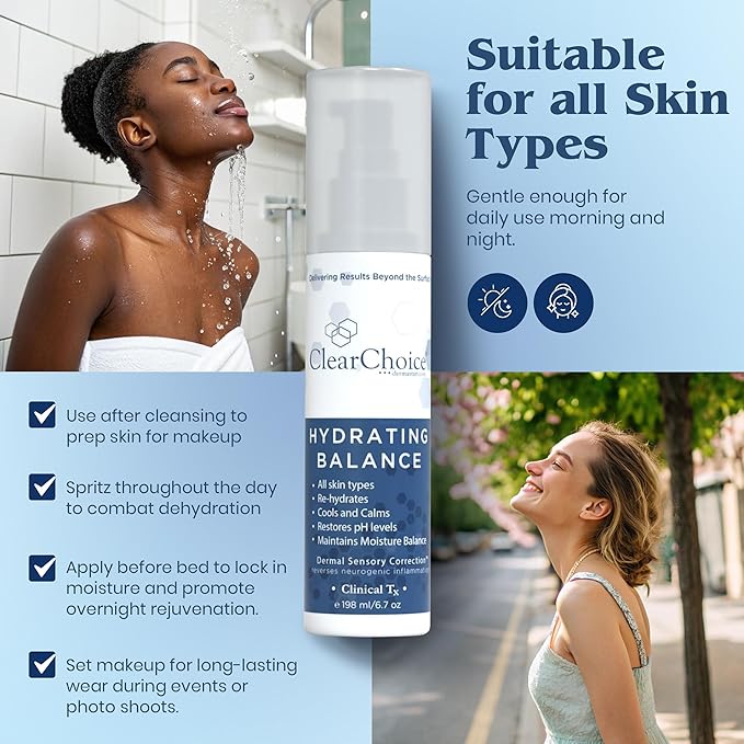 Clear Choice Hydrating Balance Facial Mist 6.7oz ā Rejuvenating Spray for All Skin Types, Tightens Pores, Prolongs Makeup, Restores pH Balance