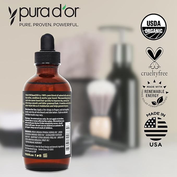 PURA D'OR 4 Oz ORGANIC Beard Softening Oil - Original Sandalwood Scent - Leave-In Conditioner, Argan & Jojoba Oil - Mustache Care & Maintenance, Increase Softness & Strength - Beard Hair, Skin & Face