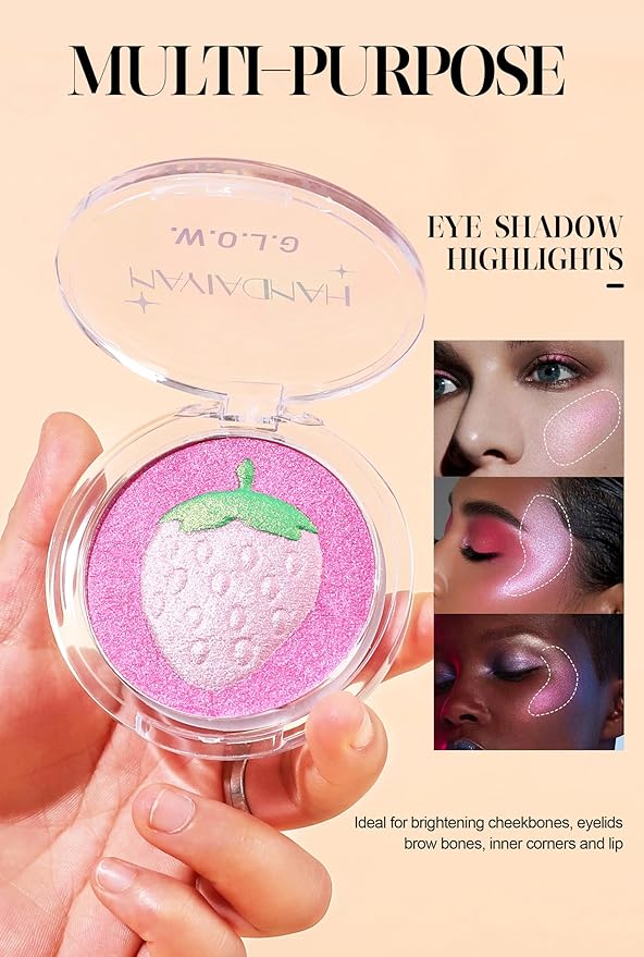 Face Highlighter Makeup Palette, Glossy Glitter Highlight Brightening Contouring Palette Natural Shiny Contour Makeup Illuminator Longlasting Lightweight, Blush&Highlighter (#03 Strawberry)