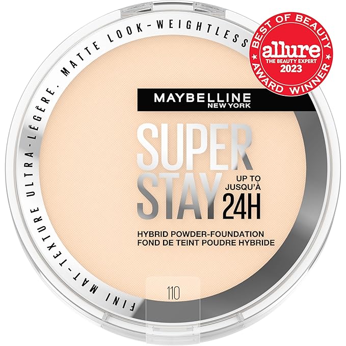 Maybelline Super Stay Up to 24HR Hybrid Powder-Foundation, Medium-to-Full Coverage Makeup, Matte Finish, 110, 1 Count