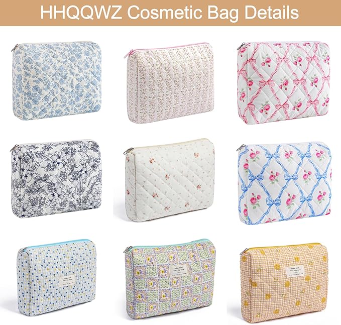 Makeup Bag Travel Cosmetic Bag for Women Girls, Zipper Make Up Pouch, Floral Flowers Toiletry Organizer Makeup, Portable Storage Bag, Cosmetic Travel Cloth Bag (L/Large Blue Flowers)