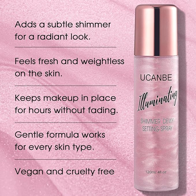 UCANBE Shimmer Dewy Setting Spray – Glowing + Makeup Setting Spray 2 in 1 Lightweight Formula for a Radiant Glow,Long-Lasting Face Mist for Face Body, 4 Fl Oz #Bubblegum