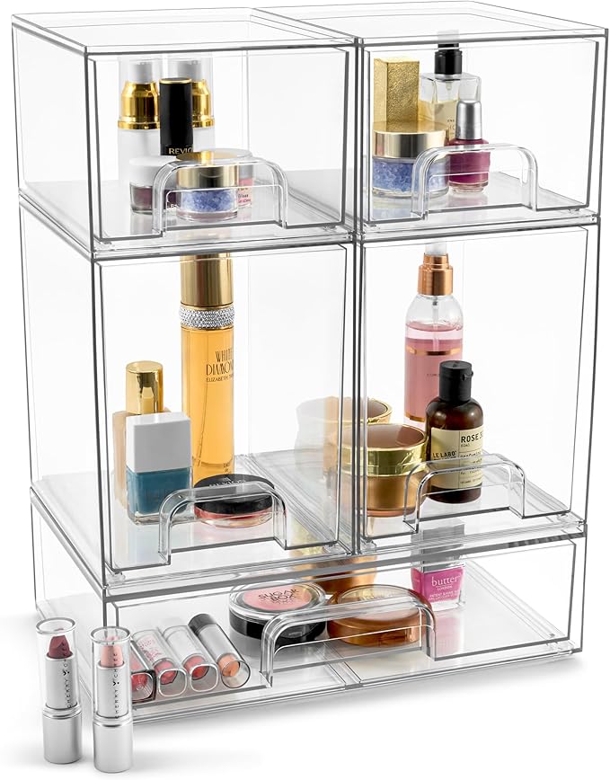 Sorbus Acrylic Storage Containers - 5 Pack, Stackable Storage Bins Set for Bathroom Organization - Clear Acrylic Drawer Organizers - Makeup Case Pull-Out Drawers (7.6’’ and 4.4’’ Tall and 12.1’’ Wide)
