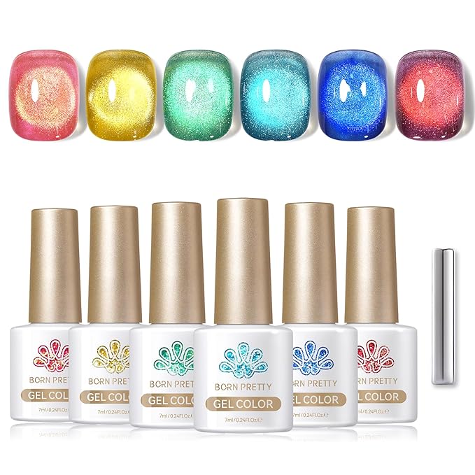 Born Pretty Cat Magnetic Eye Gel Nail Polish Spring Summer Neon Shimmer Glitter Holographic Aurora Rainbow Cat Magnetic Gel Polish Nail Art Manicure DIY at Home 6PCS