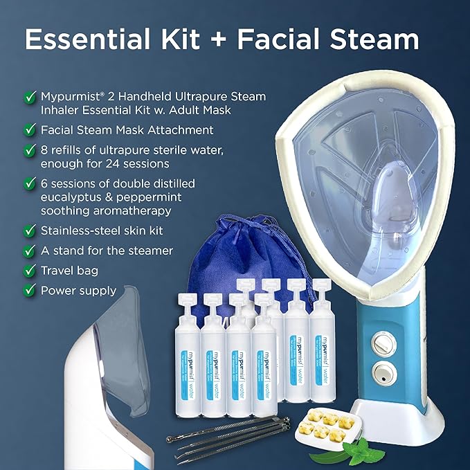 Mypurmistยฎ Essential Kit Plus Facial Steam - Steam Inhaler & Facial Steamer Combo, Personal Handheld Ultrapure Steam - Sinus Congestion Cold Cough Relief Vocal Care Skincare (Plug-in)