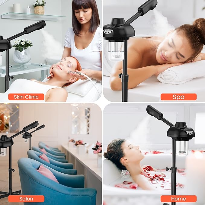 TASALON Steamer on Wheels for Professional Skin Rejuvenation, Facial Steamer Kit for Home, Spa, Clinic - Warm Mist, Ozone Face Humidifier - Pore Opener and Cleanser-Black