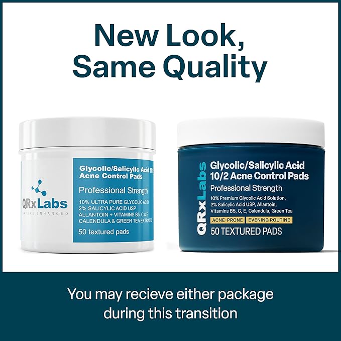 QRxLabs Salicylic & Glycolic Acid Acne Control Pads - 50 Count Jar - Glycolic & Salicylic - Bacne Treatment with Vitamins B5, C & E, Calendula & Green Tea