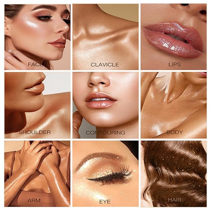 Shimmer Body Oil-Bronze Gold Face Brighten Pearl Highlighter Liquid Illuminator Body Glow Oil,4 Color Bronze Makeup Glitter Body Shimmer Oil with Makeup Brush