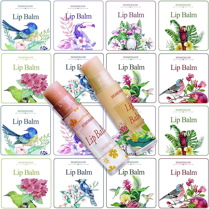 CRASPIRE Lip Balm Labels 80pcs Homemade Lip Balm Labels 2” Clear Lip Balm Labels for Tubes Printable Waterproof Lip Balm Stickers Labels for Lip Balm Handcream Candle Container(Flowers and Birds)