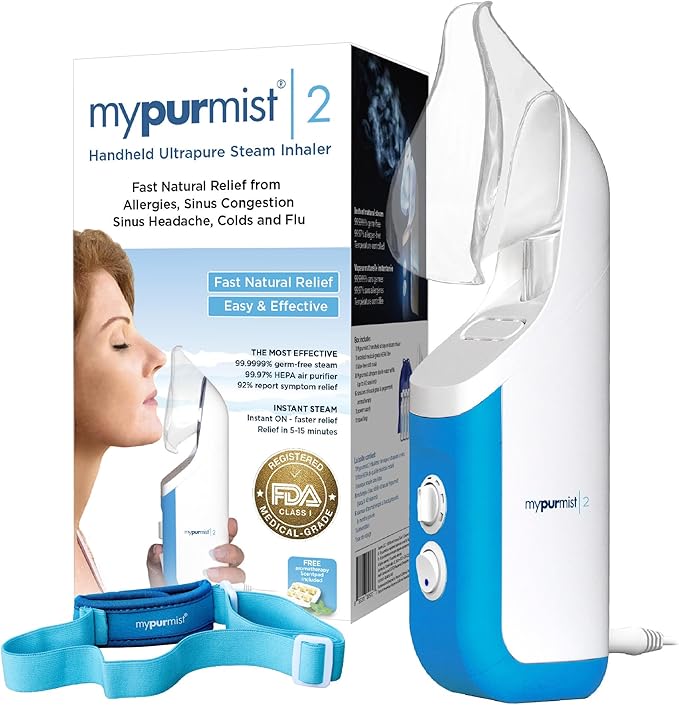Mypurmistยฎ Essential Kit Plus Handsfree Strap - Steam Inhaler, Personal Handheld Instant Ultrapure Steam - Sinus Congestion Cold Cough Relief Vocal Care Skincare (Plug-in)