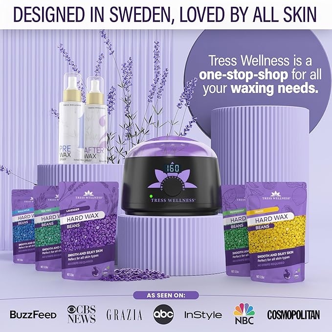 Tress Wellness Waxing Kit for Sensitive Skin – Safe for Face & Skin, Prep & Aftercare Spray, Easy to Use – At-Home Kit for Face, Bikini, Brazilian & Full Body - Digital Display, Black Purple Flower