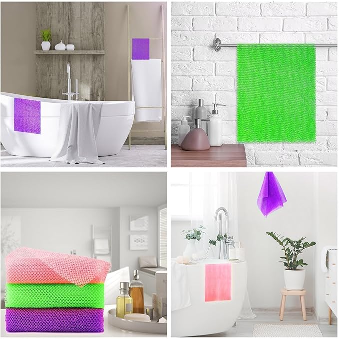 UJFQBH 3 Pieces African Bath Sponge African Net Long Net Bath Sponge Exfoliating Shower Body Scrubber Back Scrubber Skin Smoother,Great for Daily Use (Purple, Pink,Green)