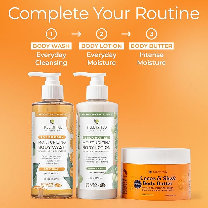 Tree to Tub Shea Body Butter for Dry, Extremely Dry, Sensitive Skin - Moisturizing Body Cream for Women & Men, Hydrating Body Lotion Moisturizer w/Vitamin C, Organic Cocoa, Citrus Scent