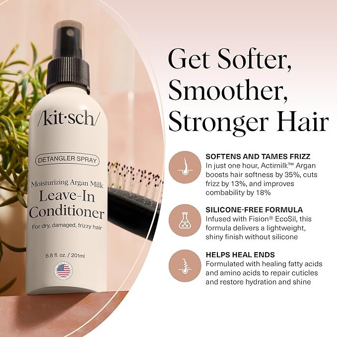 Kitsch Argan Milk Leave In Conditioner Spray – Lightweight Moisturizing Hair Spray for Women and Men - Hair Detangler Spray for Curly, Wavy, Fine, Dry & Damaged Hair - Silicone-Free - 6.8oz