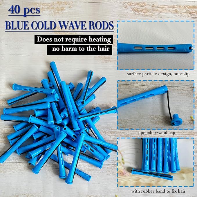 40pcs Perm Rods Set for Natural Hair Blue Plastic Cold Wave Rods Hair Curling Rollers with Steel Pintail Comb Rat Tail DIY Hairdressing Tools(40pcs Blue)