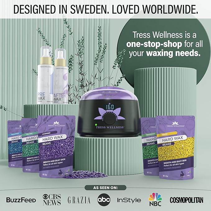 Tress Wellness Waxing Kit for Sensitive Skin – Safe for Face & Skin, Prep & Aftercare Spray, Easy to Use – At-Home Kit for Face, Bikini, Brazilian & Full Body - Digital Display, Green Mountain