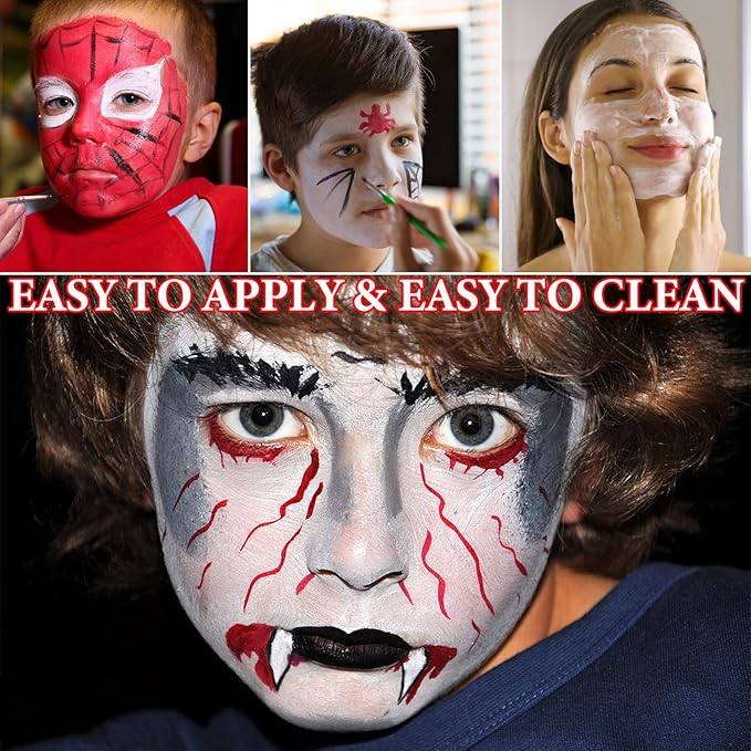 3 Pcs Halloween Face Paint Special Effects Makeup Kit,Water-based Black White Red Face Body Paint,Clown Cosplay SFX Joker Zombie White Makeup Professional Face Painting Kit for Adult