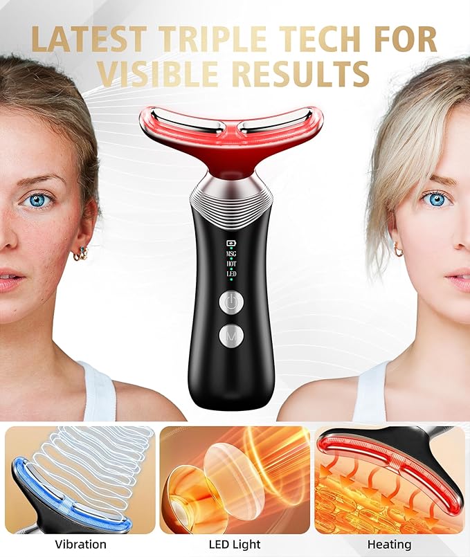 9-in-1 Red-Light-Therapy-for-Face-and-Neck, Portable Facial Massager Tool with Adjustable Vibration & Thermals for Wrinkles, Double Chin, Black