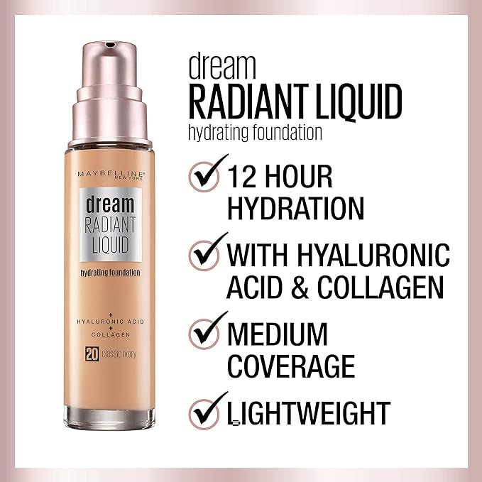 Maybelline Dream Radiant Liquid Medium Coverage Hydrating Makeup, Lightweight Liquid Foundation, Coconut, 1 Count (Pack of 2)