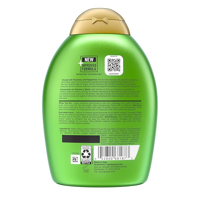 OGX Clarifying Strength + Rosemary Mint Shampoo, Clarifying Shampoo for Oily Hair Visibly Helps Remove Oil & Residue to Clear Away Buildup, Sulfate-Free Surfactants, 13 fl. oz