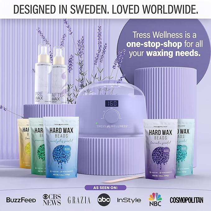 Tress Wellness Waxing Kit for Sensitive Skin – Safe for Face & Skin, Prep & Aftercare Spray, Easy to Use – At-Home Kit for Face, Bikini, Brazilian & Full Body - Digital Display, Purple