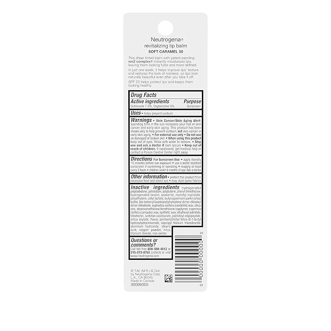 Neutrogena Revitalizing and Moisturizing Tinted Lip Balm with Sun Protective Broad Spectrum SPF 20 Sunscreen, Lip Soothing Balm with a Sheer Tint in Color Soft Caramel 50,.15 oz