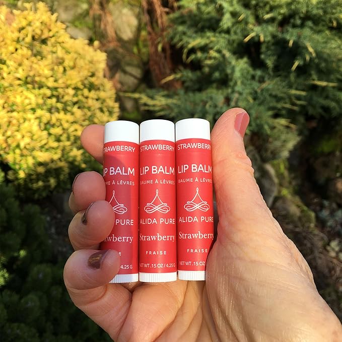 Strawberry Lip Balm Collection, Vegan Lip Balm Set, Beeswax Free, with Avocado Oil, Organic Jojoba Oil, and Vitamin E, Natural Moisturizer for Dry, Chapped Lips, 3 Tube Set