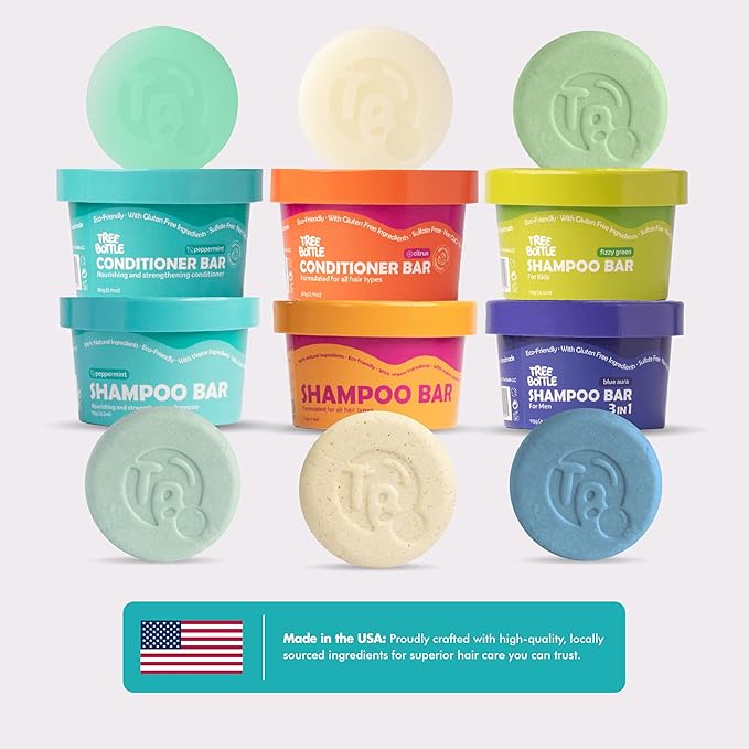 Castor Oil Shampoo & Conditioner Bar Set Bundle – With Peppermint Essential Oils & Biotin – Nourishing, Volumizing & Strengthening – Plastic-Free, Frizz Control – 7.8oz