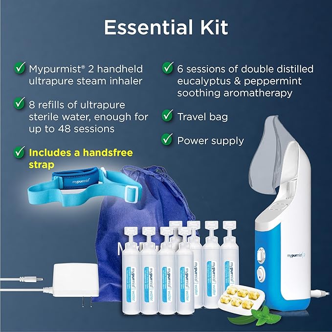Mypurmistยฎ Essential Kit Plus Handsfree Strap - Steam Inhaler, Personal Handheld Instant Ultrapure Steam - Sinus Congestion Cold Cough Relief Vocal Care Skincare (Plug-in)