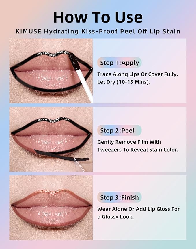 KIMUSE Lip Stain Peel Off, Peel Off Lip Liner Stain with Tweezer, Long Lasting, Waterproof, Transfer Proof Lipstains Color, Smudge-Free, Easy Removal, Matte Finish