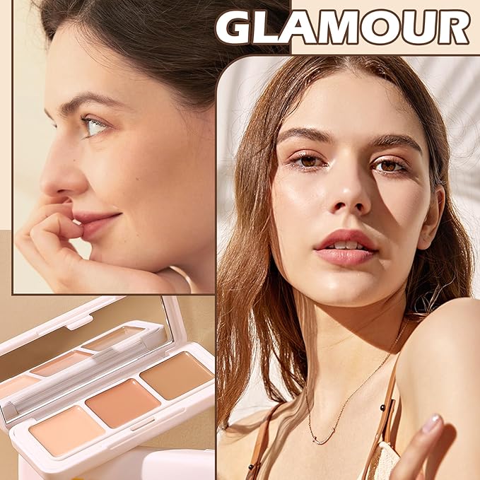 3 Colors Correcting Concealer Palette,Full Coverage Cream Contour Palette,Professional Contouring Foundation Long Wear Highlighting Concealer Contour Cream Makeup Palette with Brush