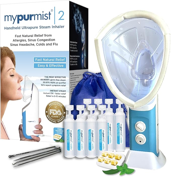 Mypurmistยฎ Essential Kit Plus Facial Steam - Steam Inhaler & Facial Steamer Combo, Personal Handheld Ultrapure Steam - Sinus Congestion Cold Cough Relief Vocal Care Skincare (Plug-in)