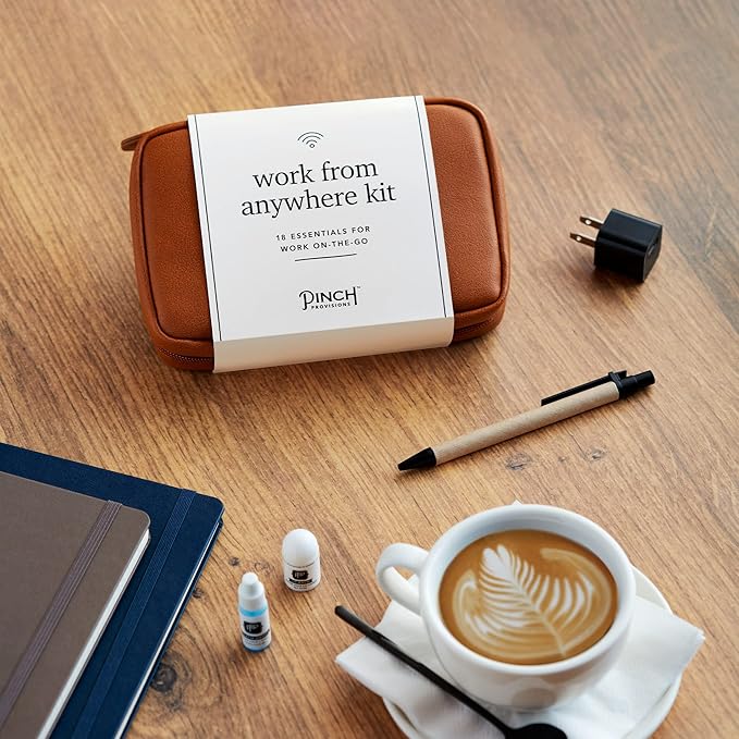 Pinch Provisions Work from Anywhere Kit, Includes 18 Essentials to Help You Stay on Task, Must-Have Essentials, Compact Multi-Functional Double-Pocket Vegan Leather Pouch