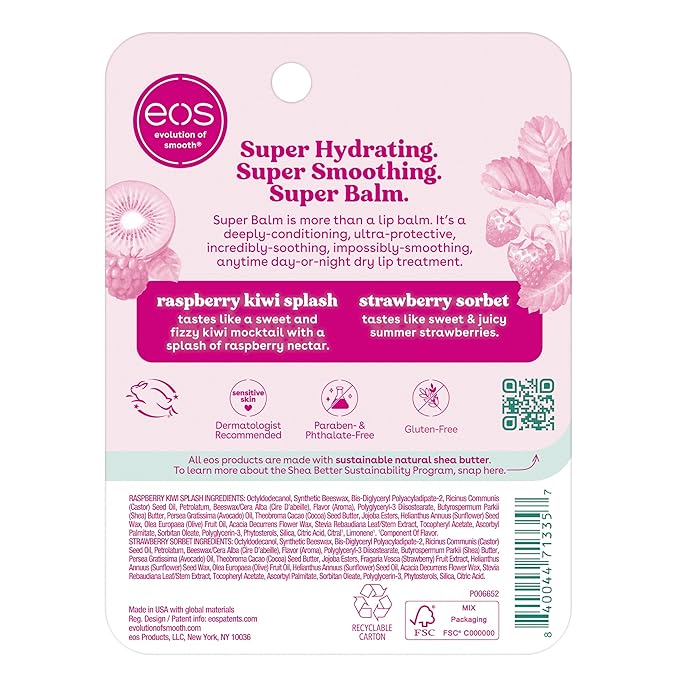 eos 24H Moisture Super Balm- Raspberry Kiwi Splash & Strawberry Sorbet, Lip Mask, Day or Night Lip Treatment, Made for Sensitive Skin, 0.35 fl oz, 2-Pack