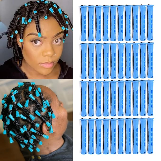 40pcs Perm Rods Set for Natural Hair Blue Plastic Cold Wave Rods Hair Curling Rollers with Steel Pintail Comb Rat Tail DIY Hairdressing Tools(40pcs Blue)