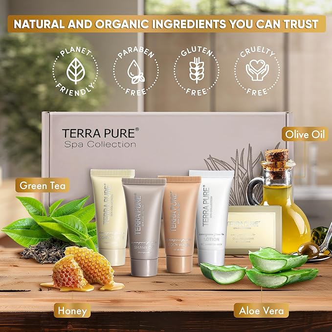 Terra Pure Spa Collection Amenity Kit | Hotel Toiletries | Bulk Set 0.85 oz Travel Size Shampoo,Conditioner, Lotion,Body Wash & Massage Bar for Guest Hospitality AirBnB/Vacation Rentals | 60 sets/case