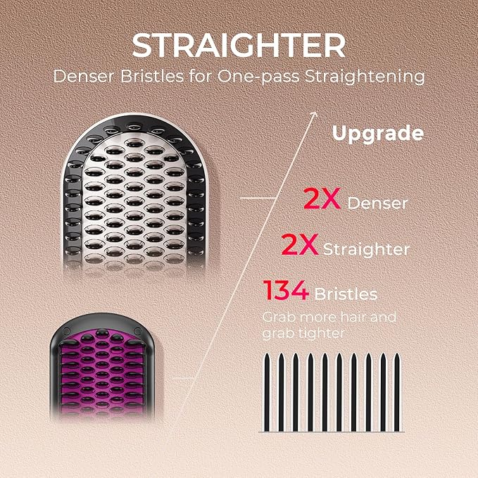 TYMO Hair Straightener Brush - Upgraded Ionic Plus Straightening Brush with Dense Bristles, 16 Temps, Dual Voltage | Ceramic Hot Comb for Women | Flat Iron for Thick Curly Hair, Gold