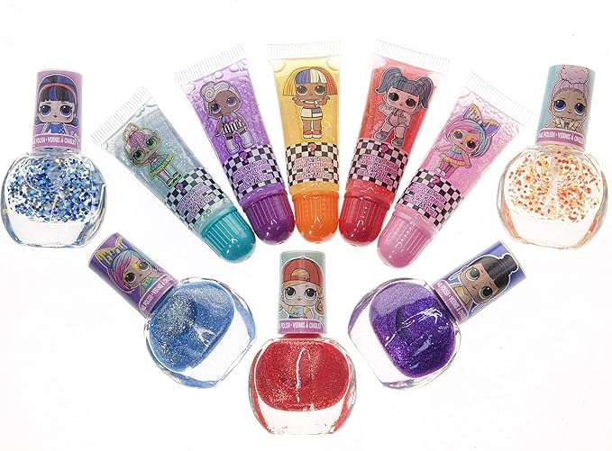 LOL Surprise Townley Girl 11 Pcs Sparkly Cosmetic Makeup Set for Kids Includes 5 Lip Gloss, 5 Nail Polish & Nail Stickers for Girls Tweens, Ages 3+ Perfect for Parties, Sleepovers and Makeovers