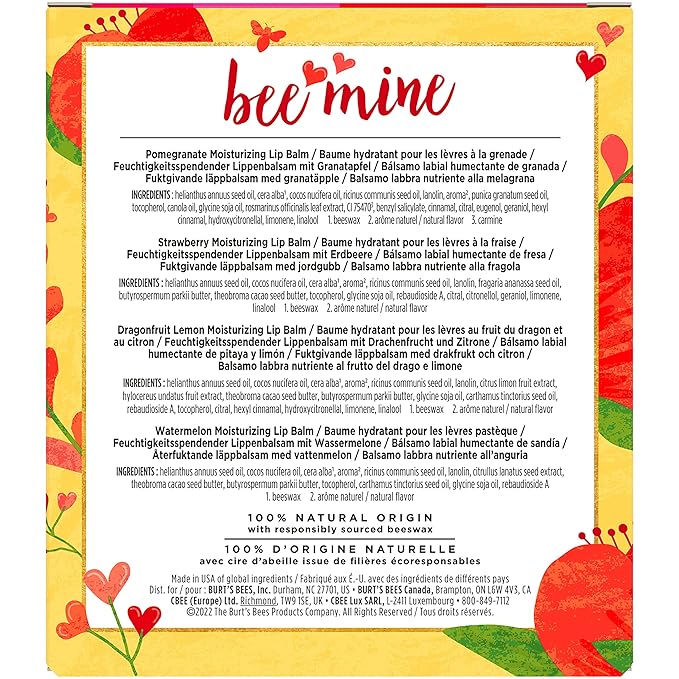 Burt's Bees Bee Mine Lip Balm Gift Set, Strawberry, Dragonfruit Lemon, Pomegranate and Watermelon, 4 Personalized Lip Balms, Pack May Vary