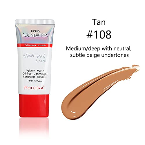 AQUAPURITY PHOERA Full Coverage Foundation New Formula Waterproof Long Lasting Oil Free Velvet Matte Liquid Foundation for Oily Skin Flawless Makeup Base Cream Concealer (108 Tan)
