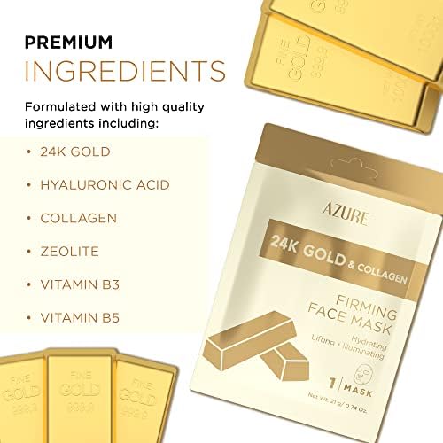 AZURE 24K Gold Firming Face Mask- Anti Aging, Hydrating, Toning & Firming Facial Sheet Mask - Helps Reduce Wrinkles & Fine Lines - With Hyaluronic Acid & Collagen - Skin Care Made in Korea - 10 Pack