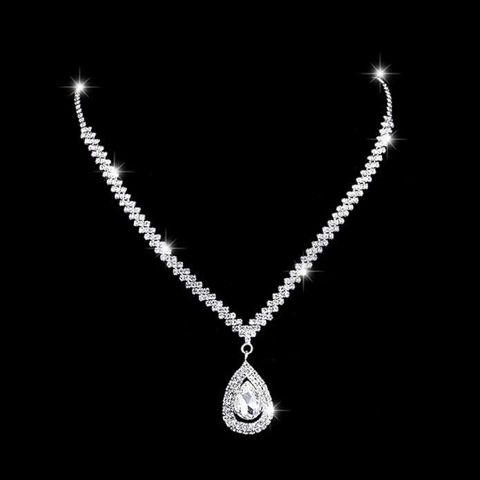 Bride Silver Necklace Earrings Set Rhinestone Wedding Jewelry Set Crystal Choker Necklace for Women