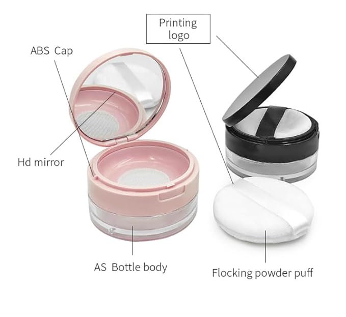 Loose Powder Cocntainer No Leaks Empty Reusable Plastic Loose Powder Compact Container Makeup Powder Case with Sponge Powder Puff,Elasticated Net Sifter and Pink Threaded Screw Lid