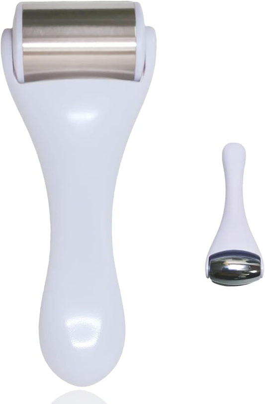 Ice Roller & Massager for Face & Eyes - Stainless Steel, 2 Pcs, Pain Relief, Dark Circles, Migraine (White)