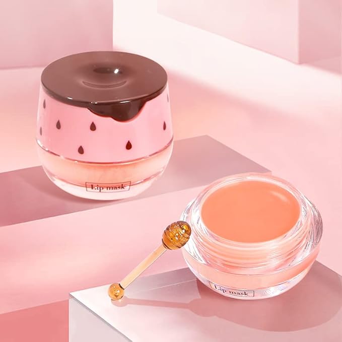 2PCS Strawberry Sleeping Lip Mask,Bee Lip Balm Lip Mask Honey Pot Propolis Moisturizing Lip Balm with Stick,Plumping Lip Hydrating Prevention Dry & Cracked Lip Scrubs Exfoliato Lip Wrinkle Care
