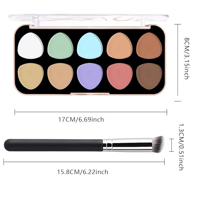 evpct 10 Colors Concealers Full Coverage Cream Contour Palette with Brush for Older Women, Under Eye Color Corrector Tri Color Pot Concealer Palette for Dark Circles Mature Skin Makeup, Waterproof, C1
