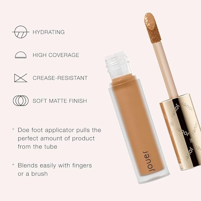 Jouer Essential High Coverage Liquid Concealer - Brightening Concealer - Color Corrector for Under Eye Dark Circles, Spot Coverage, and Eye Primer - Soft Matte Finish, Wheat