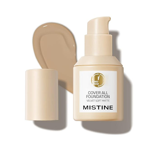 MISTINE Full Coverage Foundation Makeup for Oily Skin,24 Hour Oil Control Liquid Foundation,Skin-Caring,Moisturizing Formula,Cream Foundation,Matte Finish,Nude,1 Fl Oz