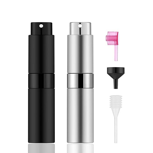 2 PCS/8ml Portable Mini Perfume Atomizer bottles, Empty Refillable Spray Bottle with 3 Types of Refill Tools, Pocket Travel Perfume Sample Bottles(Matte Black&Silver)